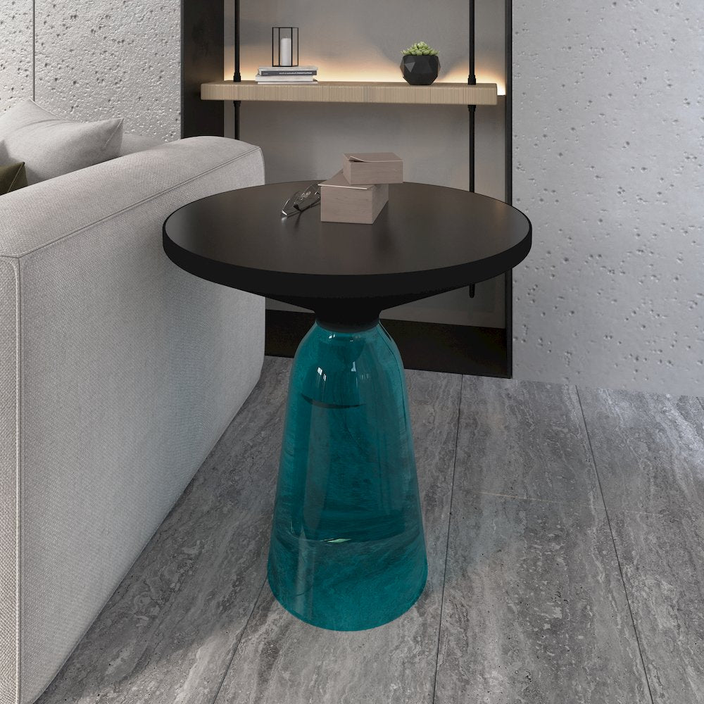 Tully Collection Glass side Table Blue glass, Black Rim with Black Glass top