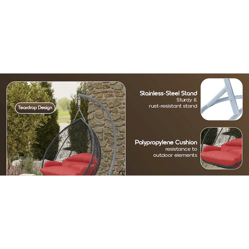Recluse Collection Modern Outdoor Swing Chair Grey Frame with ES57 Red Cushion