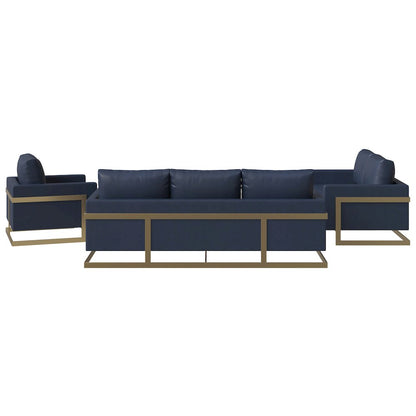 Lincoln 3-Piece Velvet Living Room Sofa Set With Gold Frame Navy Blue