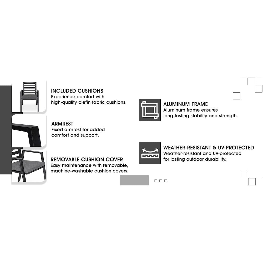 Chelsea Modern Patio Dining Armchair in Aluminum with Removable Cushions
