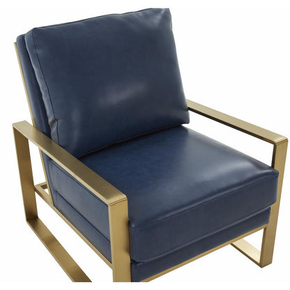 LeisureMod Jefferson Leather Modern Design Accent Armchair With Elegant Gold Frame, Navy Blue