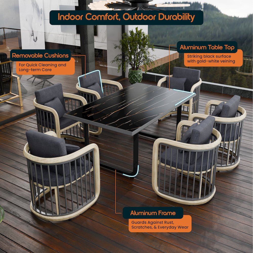 Klyra 7-Piece Aluminum Dining Set with 1 Rectangular Dining Table in Grey