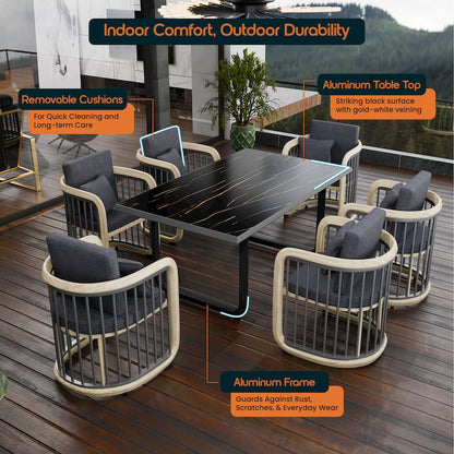 Klyra 7-Piece Aluminum Dining Set with 1 Rectangular Dining Table in Grey