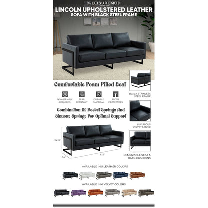 Lincoln Black Leather Sofa With Black Frame