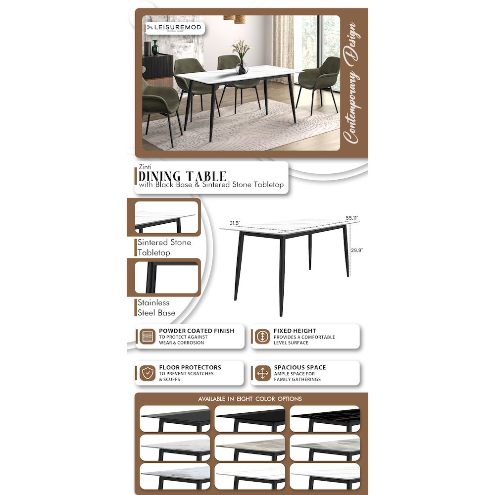 Zayle Series Modern Dining Table Black Base, With 71 White Sintered Stone Top