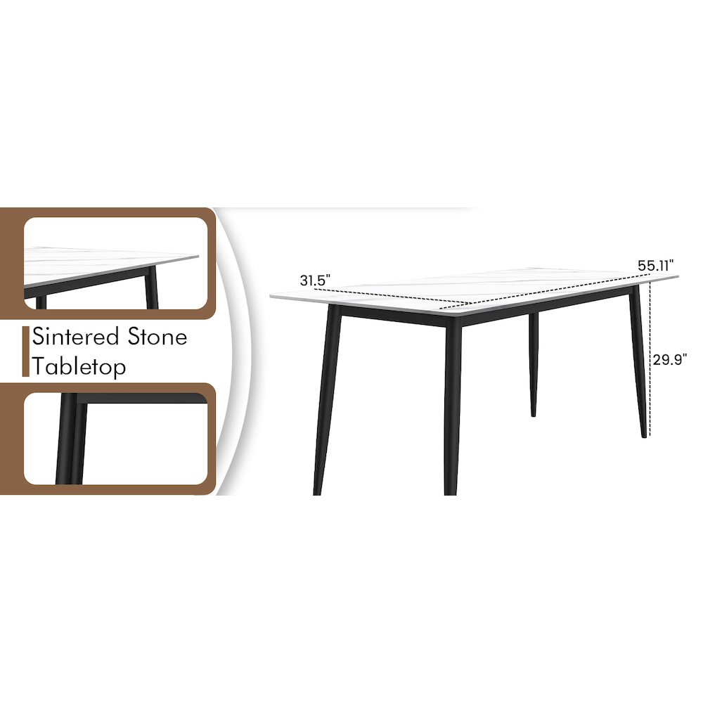 Zayle Series Modern Dining Table Black Base, With 71 White Sintered Stone Top