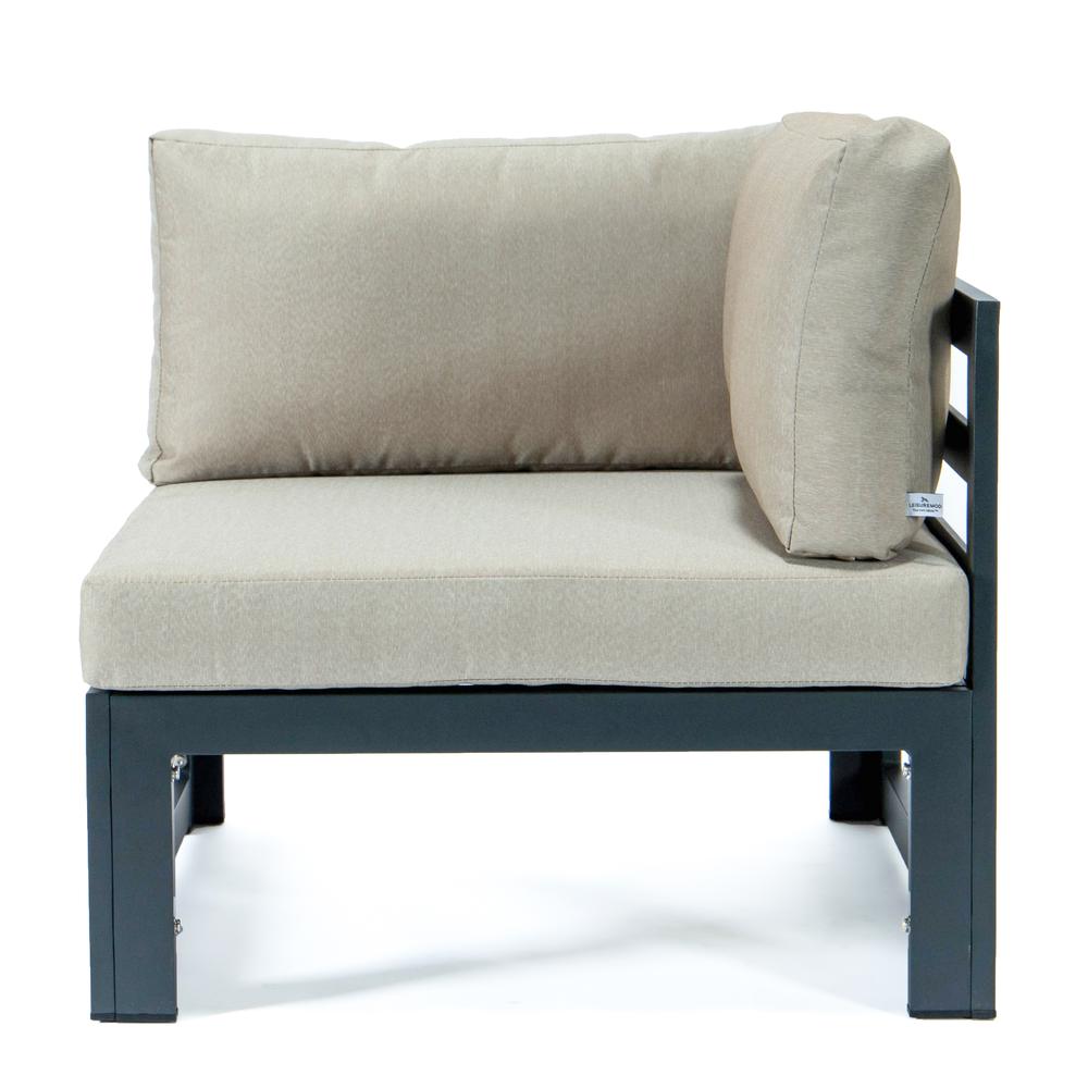 LeisureMod Chelsea 5-Piece Sectional Loveseat and Fireplace Set Black Aluminum with Cushions, Beige