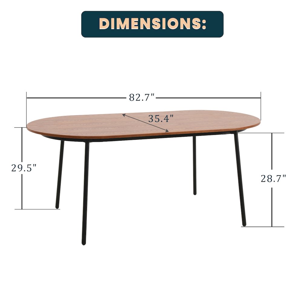 Tule Modern 83" Oval Dining Table with MDF Top and Black Steel Legs in Walnut