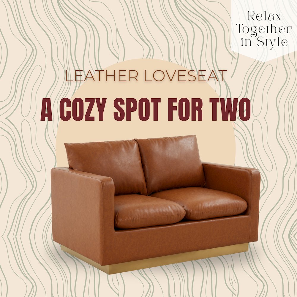 Nervo Modern Mid-Century Upholstered Leather Loveseat with Gold Frame