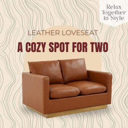 Nervo Modern Mid-Century Upholstered Leather Loveseat with Gold Frame