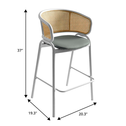 Ervilla Wicker Bar Stool with Fabric Seat and White Steel Frame - Grey leather