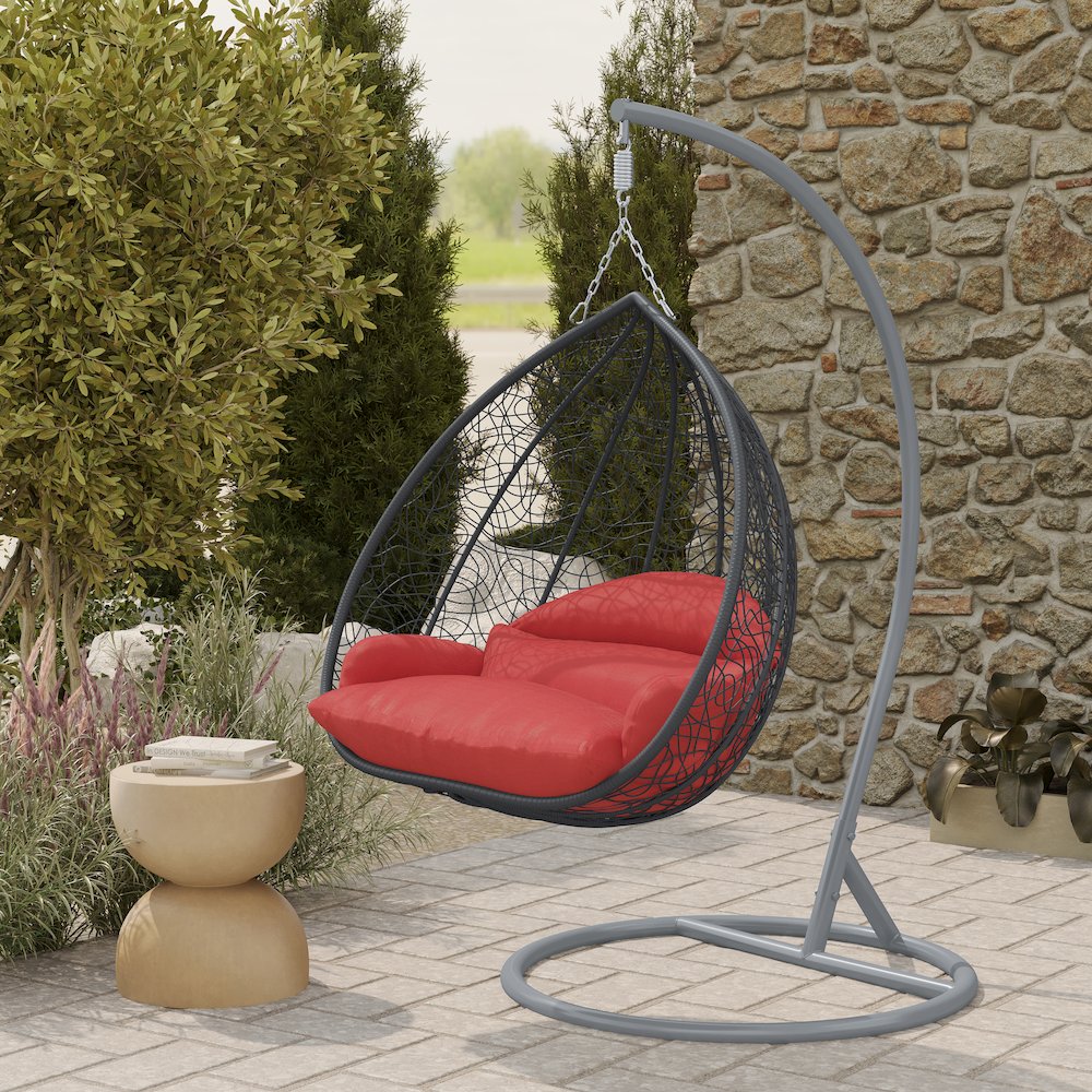 Recluse Collection Modern Outdoor Swing Chair Grey Frame with ES57 Red Cushion
