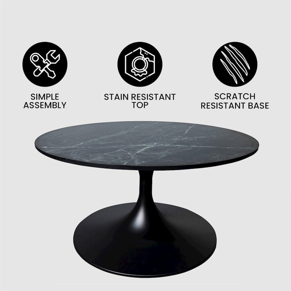 Verve Coffee Table Black base with 27" round Black Marble MDF top