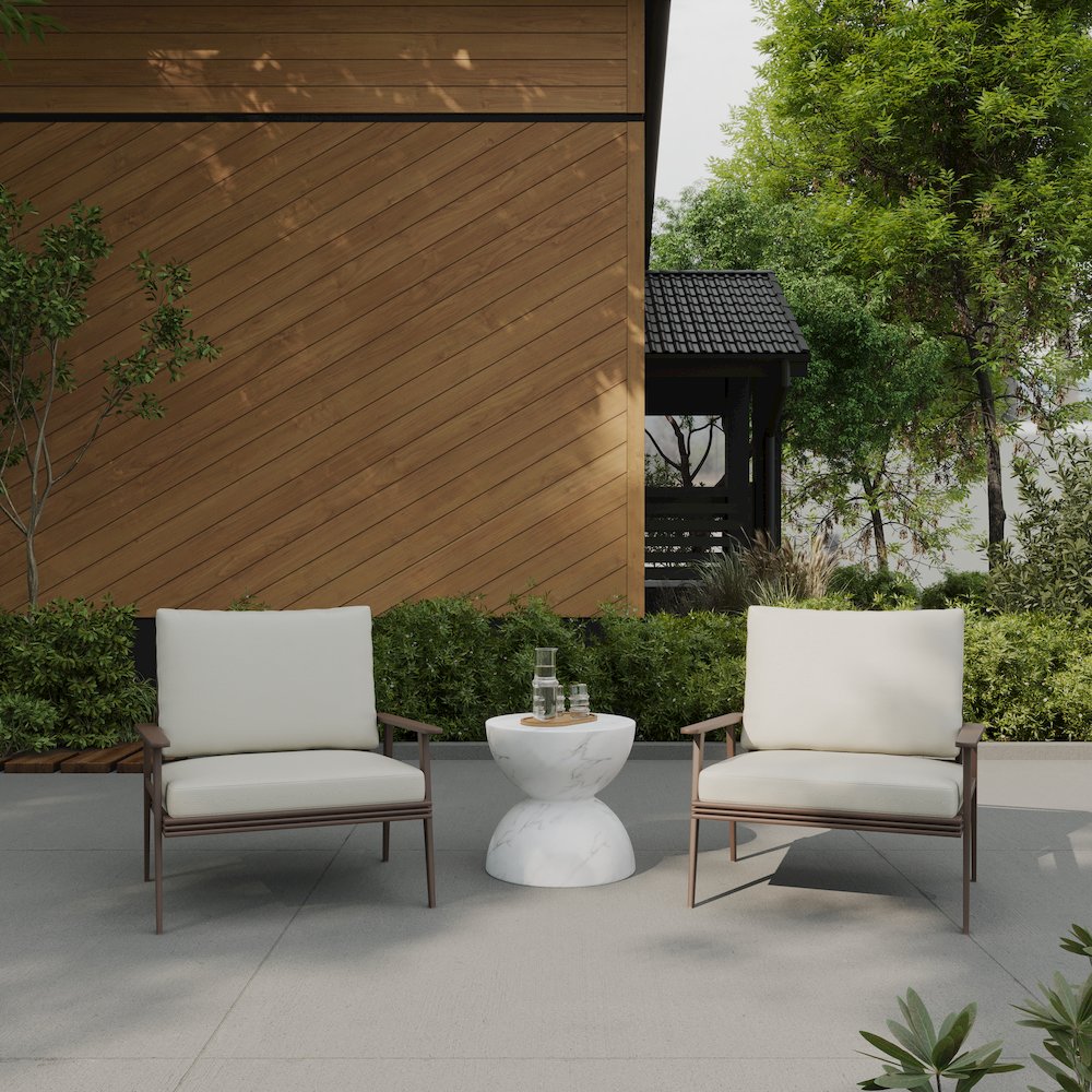 Sage Collection Fiberglass Outdoor Side Table in Marbled White