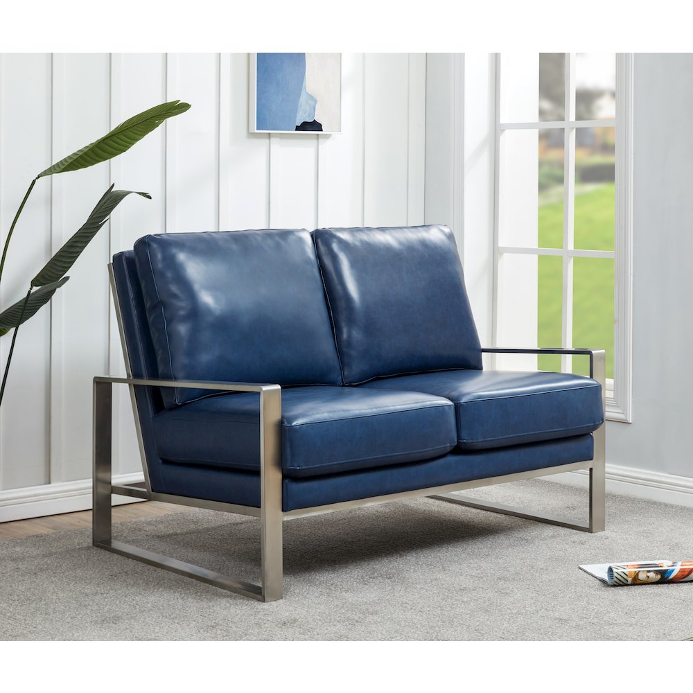 Jefferson Contemporary Modern Faux Leather Loveseat With Silver Frame