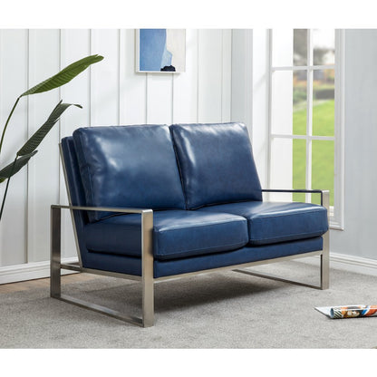Jefferson Contemporary Modern Faux Leather Loveseat With Silver Frame