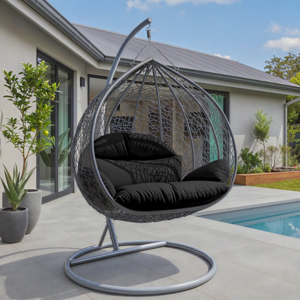 Recluse Collection Modern Outdoor Swing Chair Grey Frame with ES57 Black Cushion