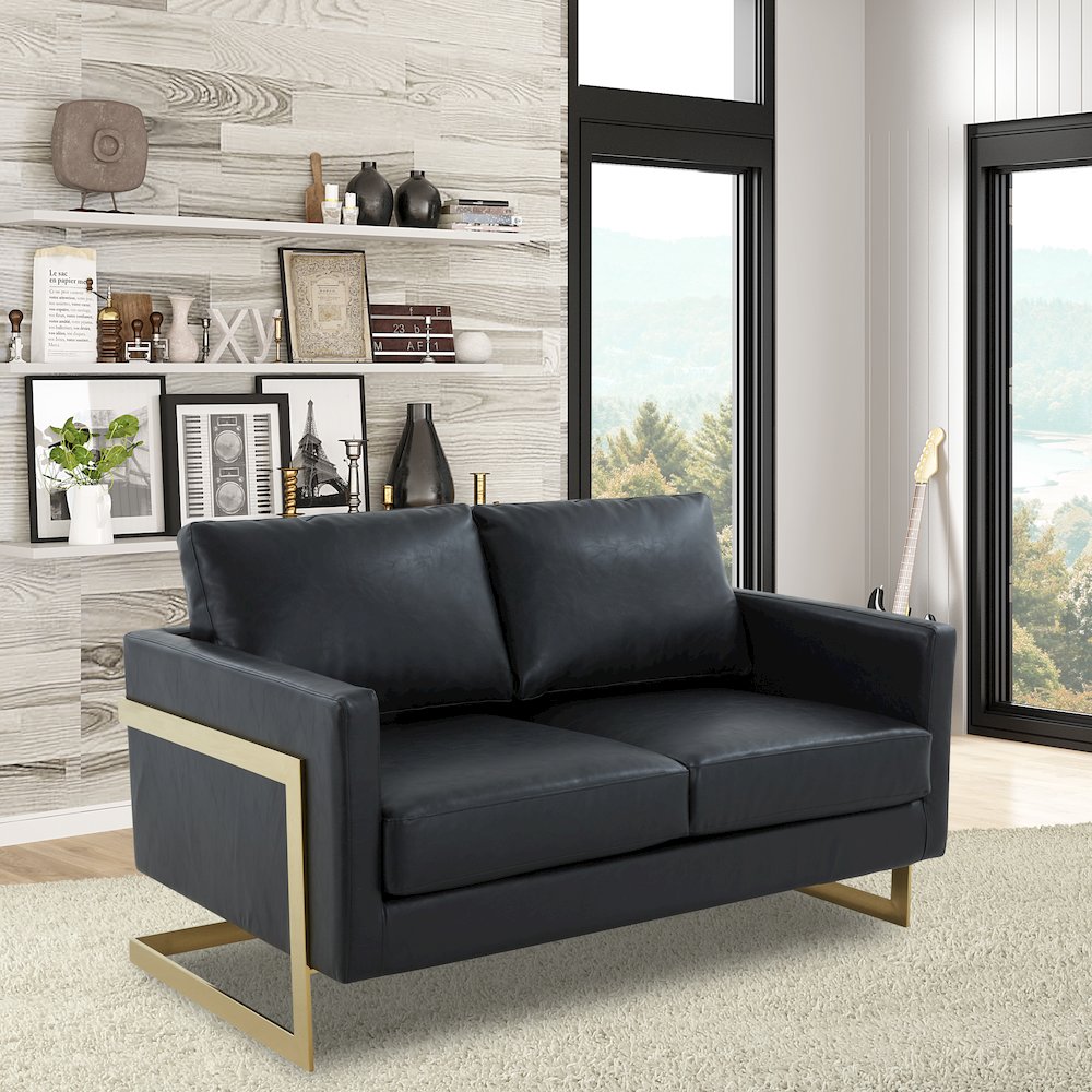 Lincoln Modern Mid-Century Upholstered Leather Loveseat with Gold Frame