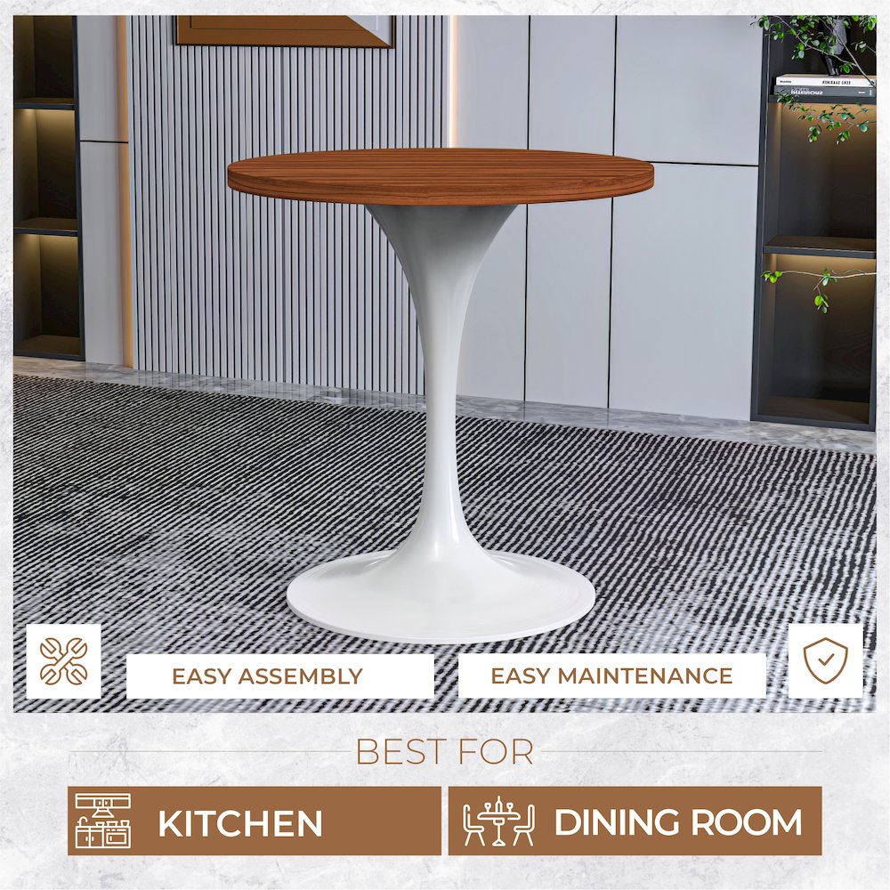 Verve Collection 27 Round Dining Table, White Base with Cognac Brown MDF Top