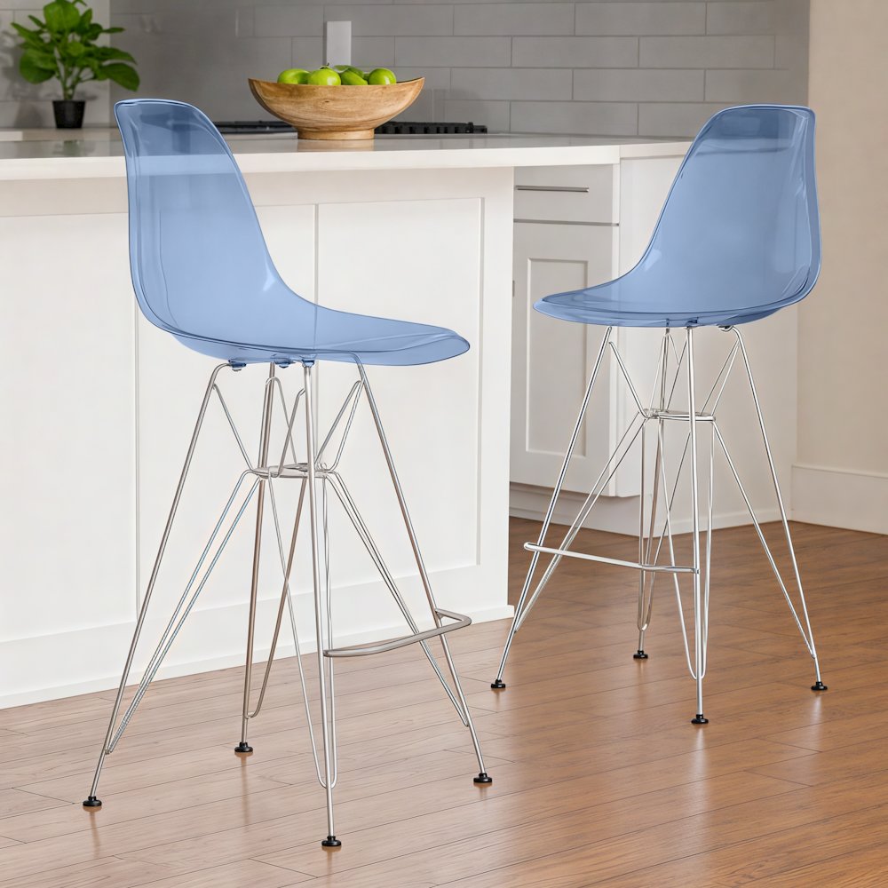 Cresco Modern Acrylic Barstool with Chrome Base and Footrest in Transparent Blue