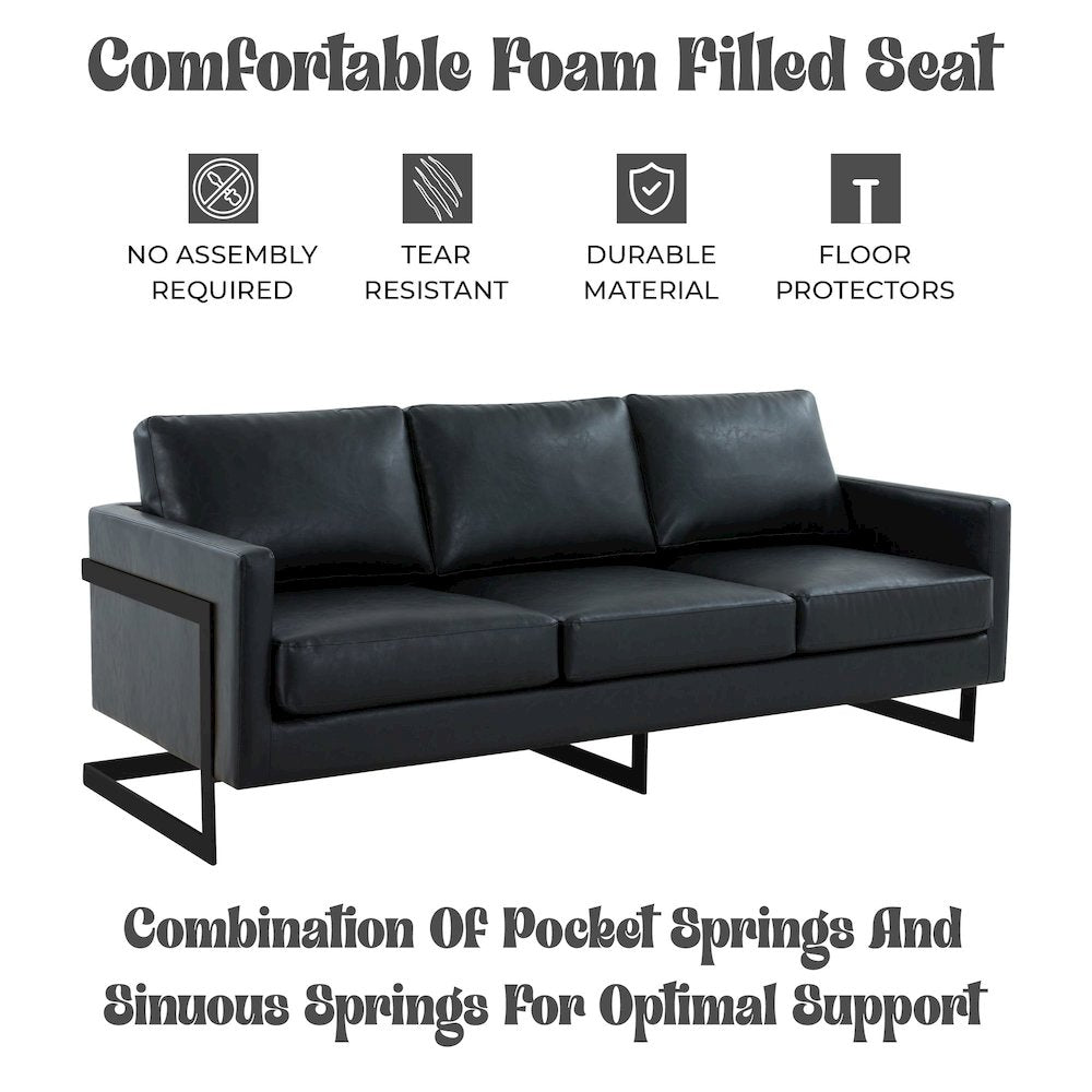 Lincoln Black Leather Sofa With Black Frame