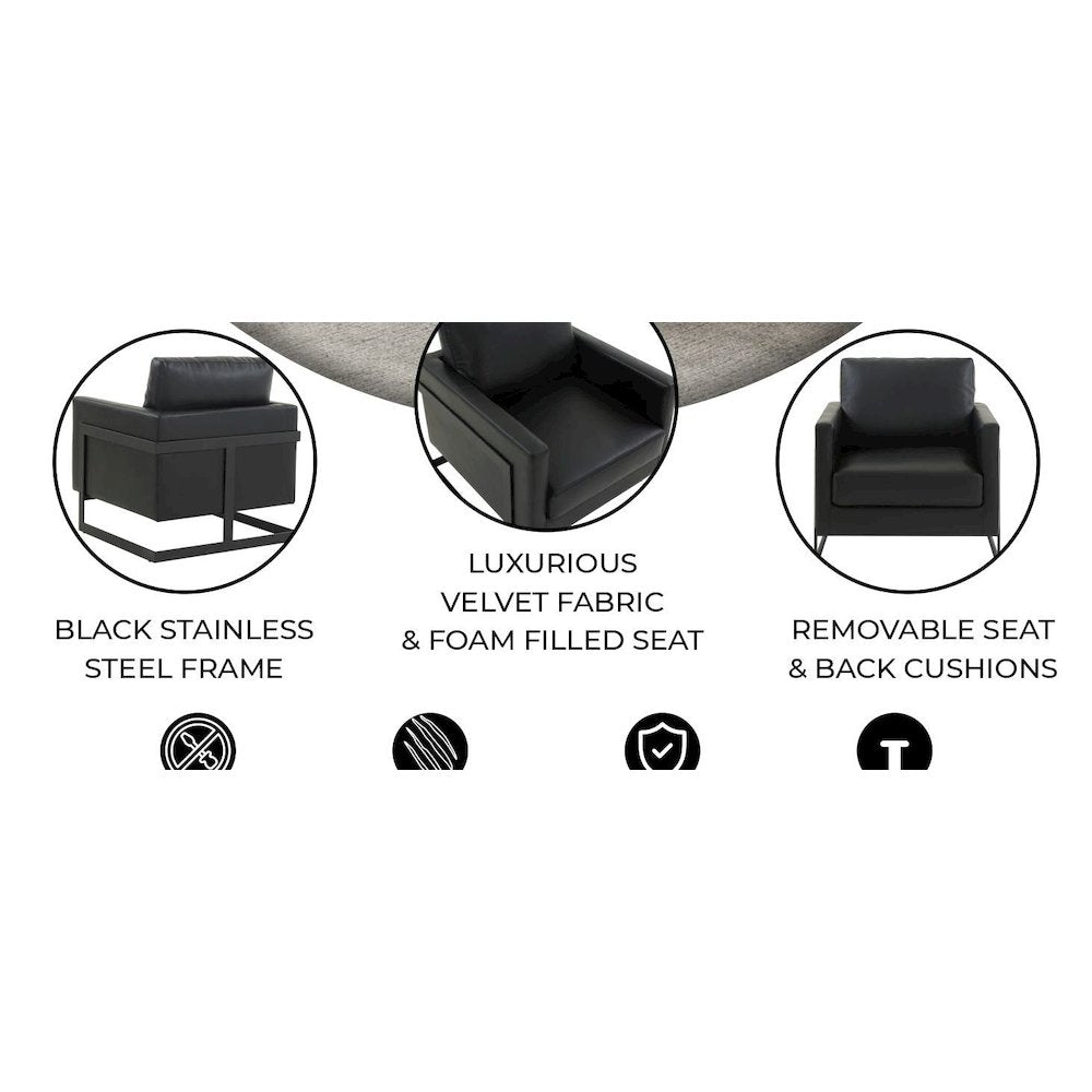 Lincoln Leather Accent Armchair With Black Steel Frame in Black