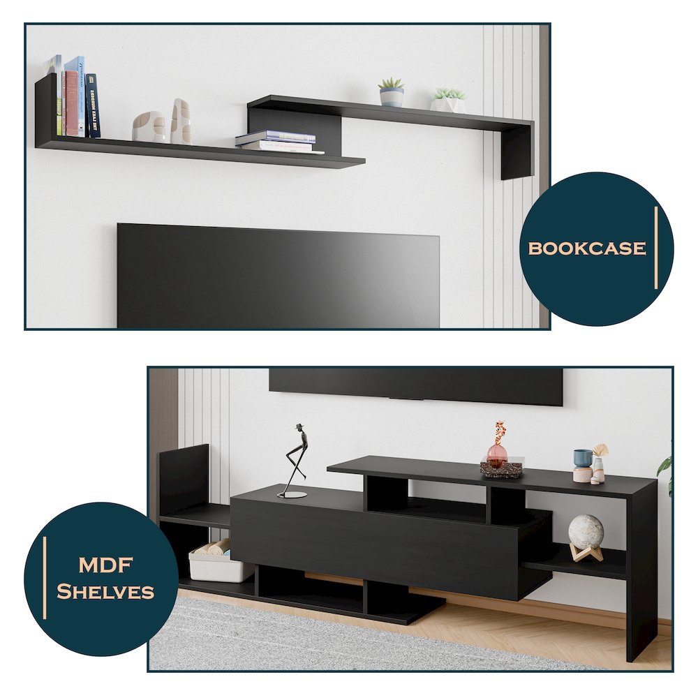 Surrey Modern TV Stand with MDF Shelves and Bookcase in Ebony