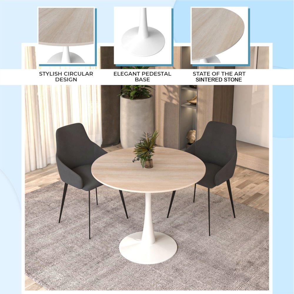 Bristol 35" Round Dining Table White Base with Sintered Stone Natural Wood Top