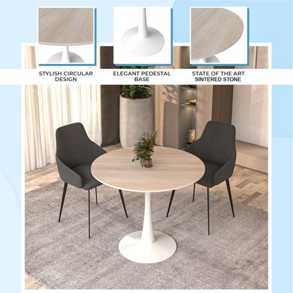 Bristol 35" Round Dining Table White Base with Sintered Stone Natural Wood Top