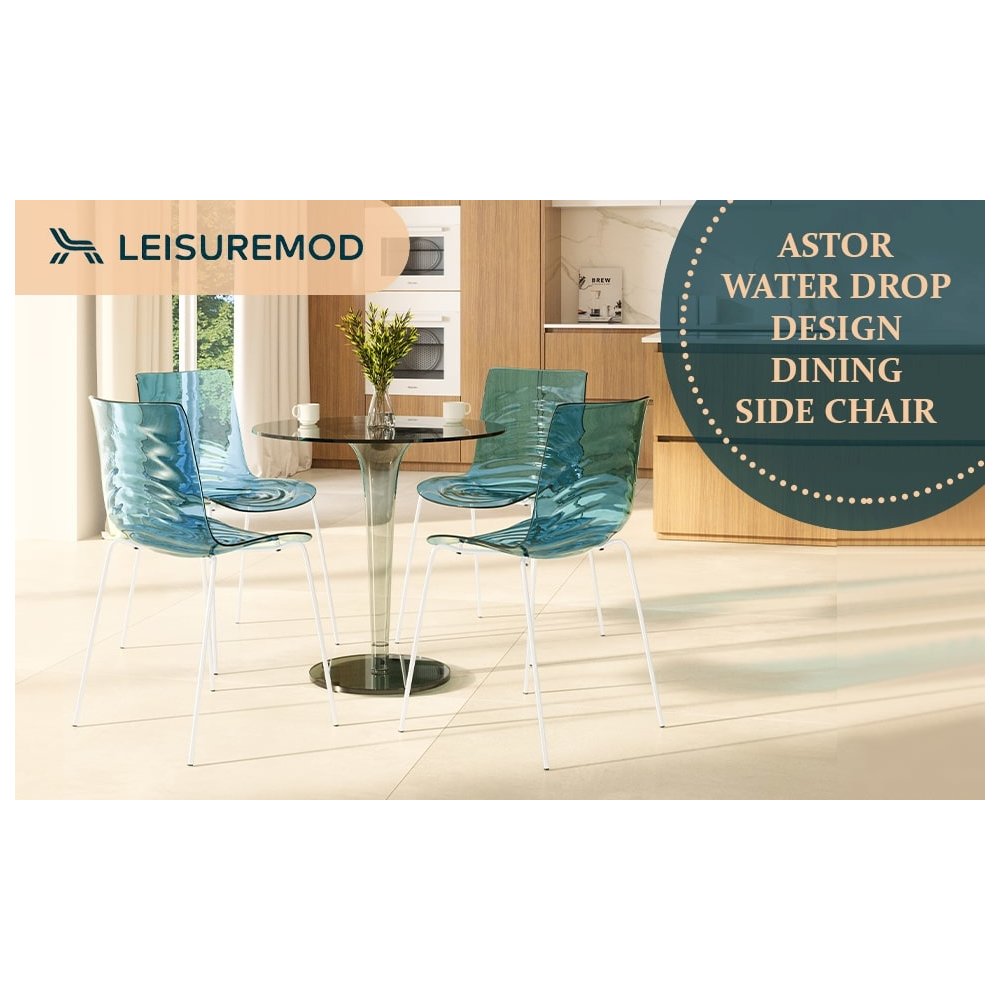 Astor Water Ripple Design Dining Chair in White Base Trans Blue Seat Set of 2