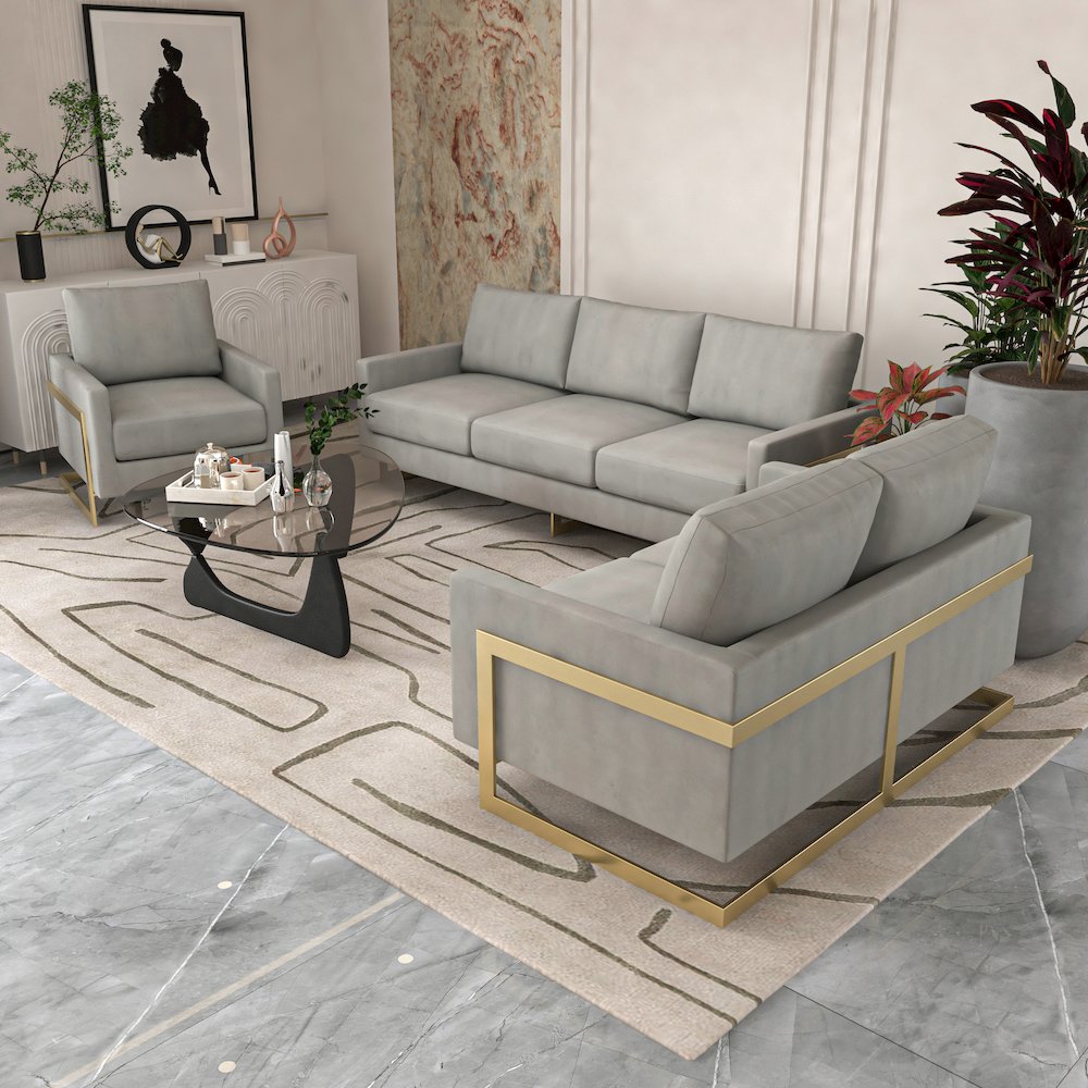 Lincoln Modern Mid-Century Upholstered Velvet Sofa with Gold Frame
