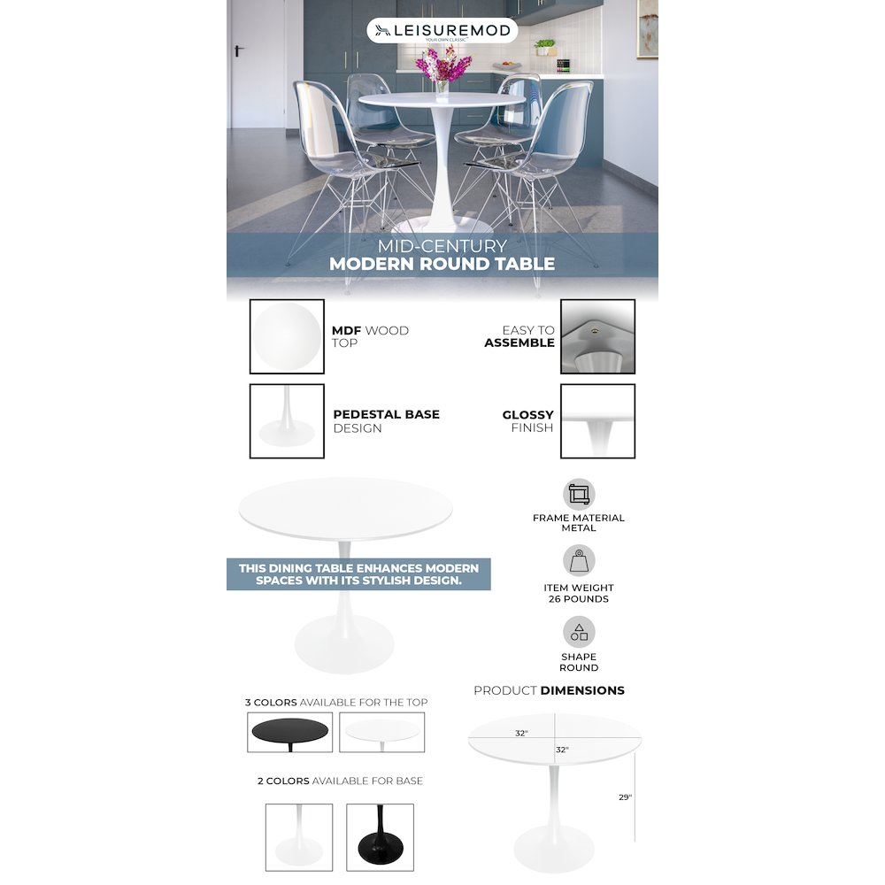 Bristol 31" round dining table White base with marbled MDF top