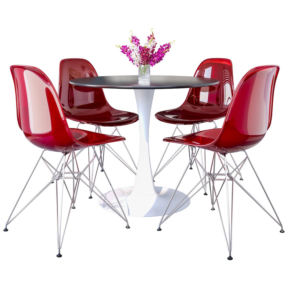 5-Piece Dining Set 35" Round Dining Table in Chrome - Transparent Red