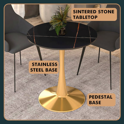 Bristol 27 round dining table Gold base with Black Sintered stone Top