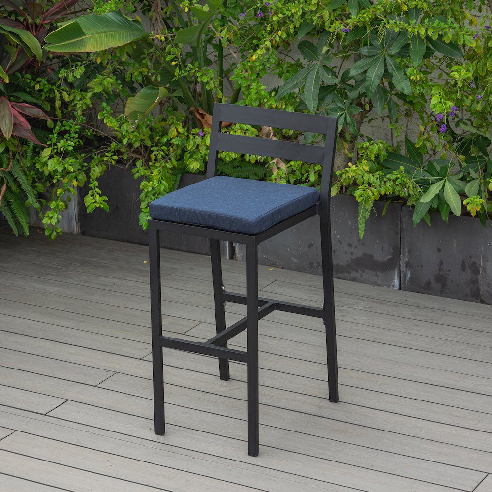 Chelsea Collection Modern Aluminum Chair in black with Blue Cushions - Set of 4