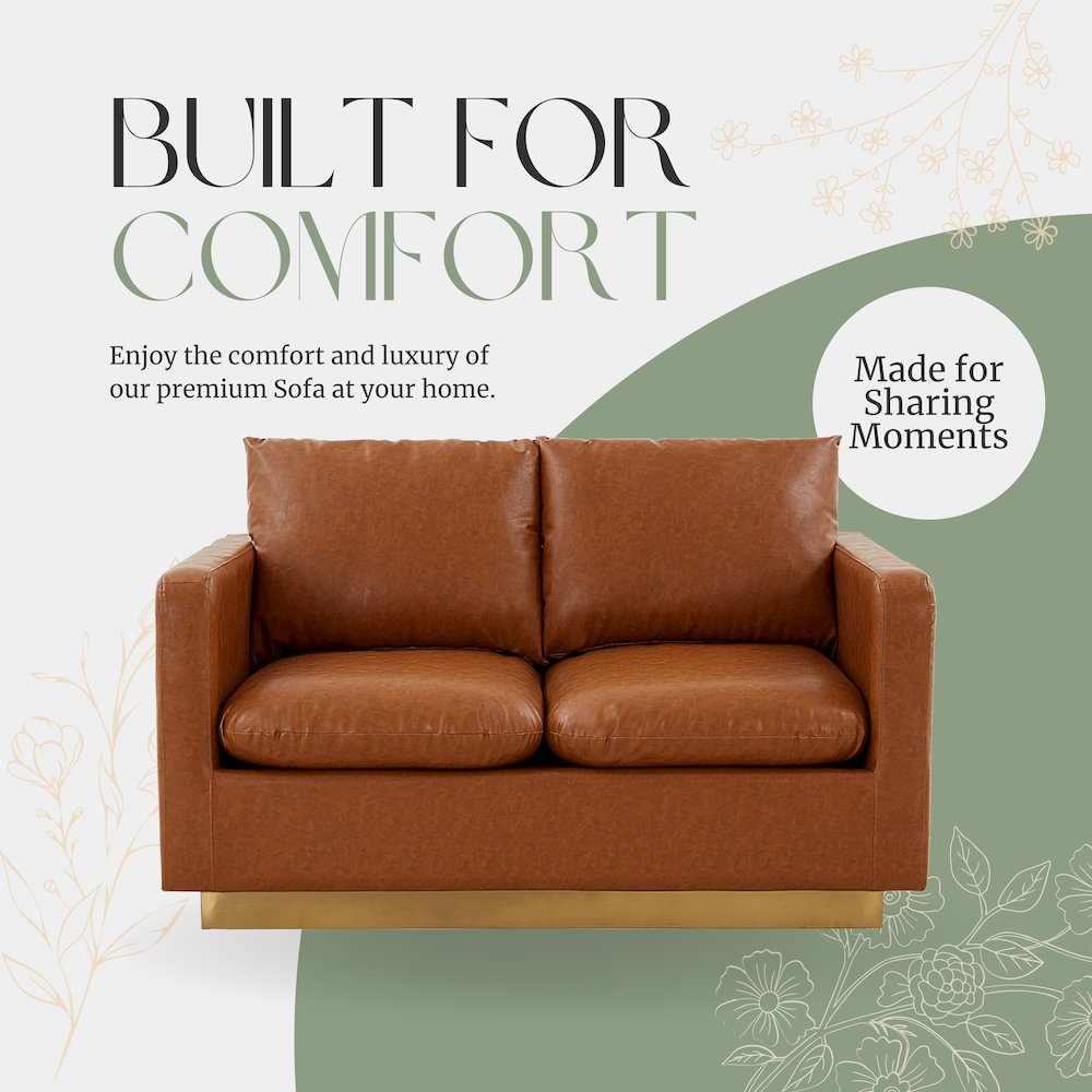 Nervo Modern Mid-Century Upholstered Leather Loveseat with Gold Frame