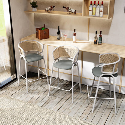 Ervilla Wicker Bar Stool with Fabric Seat and White Steel Frame - Grey leather