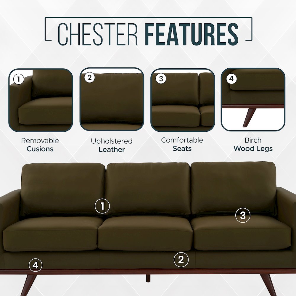 Chester Modern Faux Leather Sofa in Green Leather