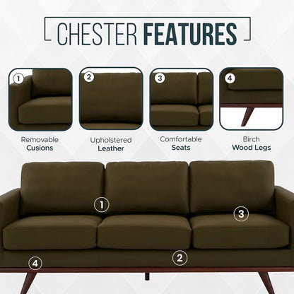 Chester Modern Faux Leather Sofa in Green Leather