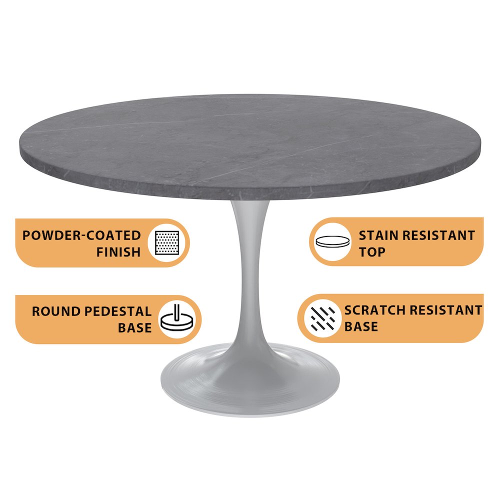 Verve Collection 48 Round Dining Table, White Base with Sintered Stone Grey Top