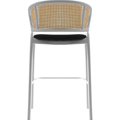 Ervilla Wicker Bar Stool with Fabric Seat and White Steel Frame - Black leather