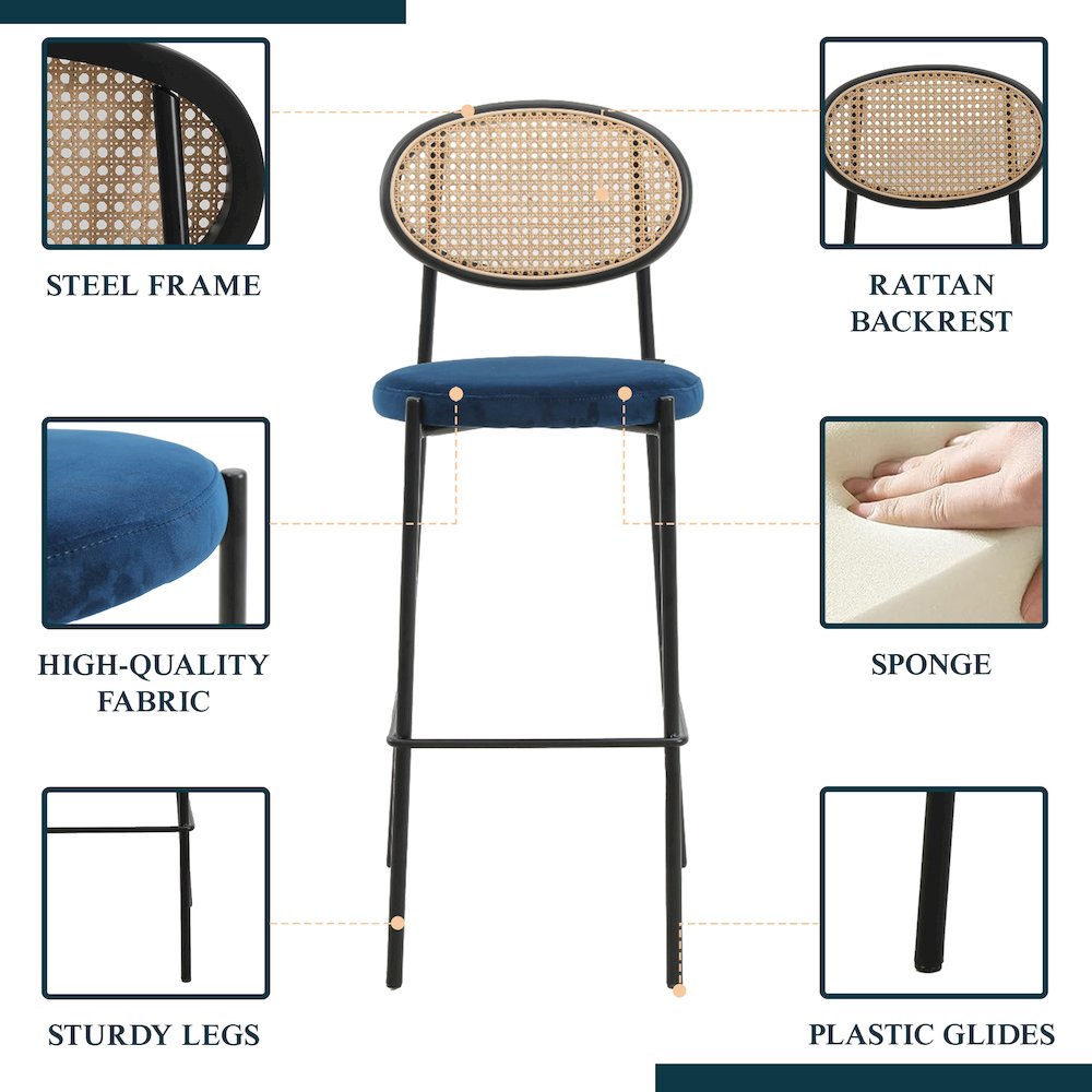 Euston Modern Wicker Bar Stool With Black Steel Frame, Set of 2 in Navy Blue