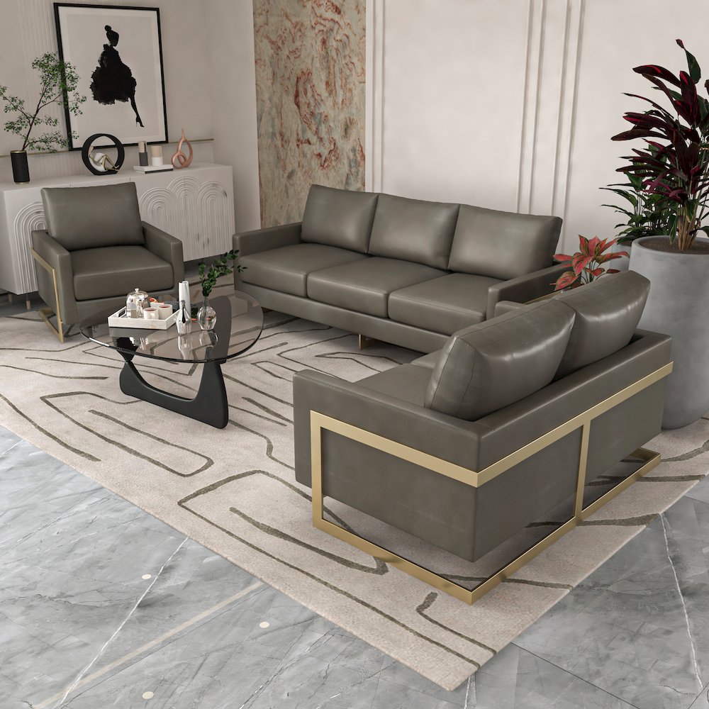 Lincoln Modern Mid-Century Upholstered Leather Sofa with Gold Frame
