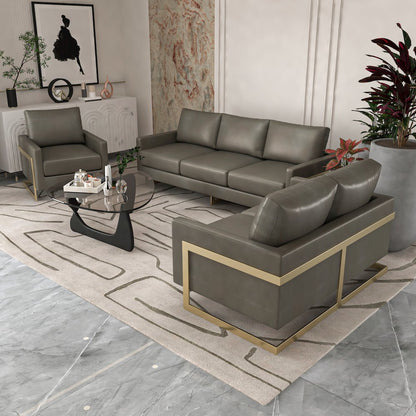 Lincoln Modern Mid-Century Upholstered Leather Sofa with Gold Frame