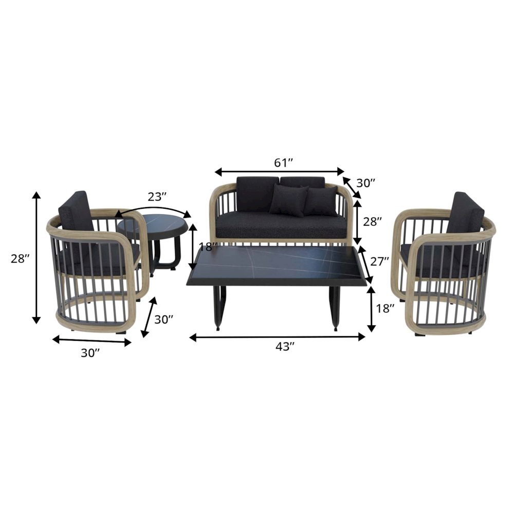 Klyra 5-Piece Aluminum Conversation Set with 2 accent chair in Grey