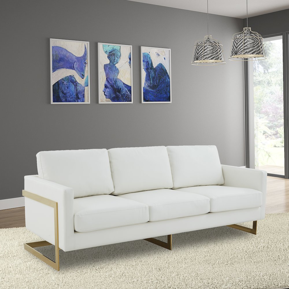 Lincoln Modern Mid-Century Upholstered Leather Sofa with Gold Frame