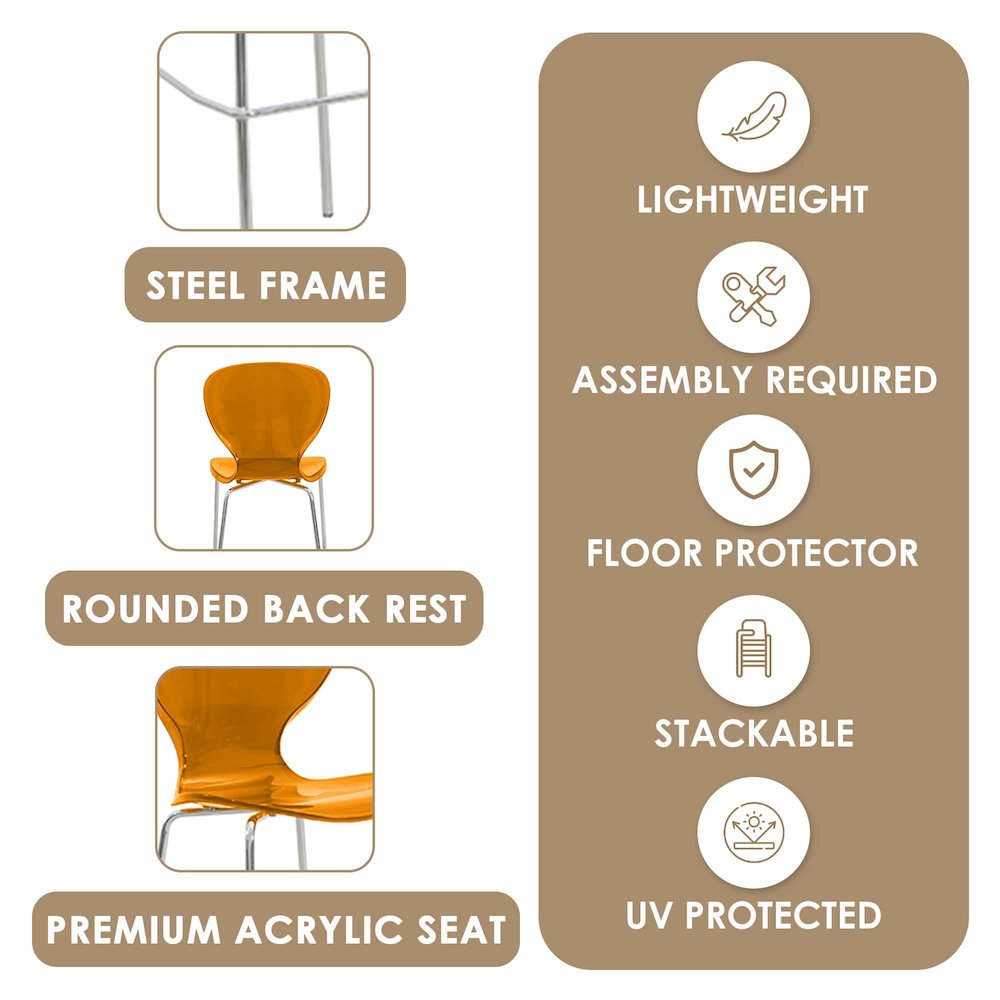 Oyster Acrylic Barstool with Steel Frame in Chrome Finish in Transparent Orange