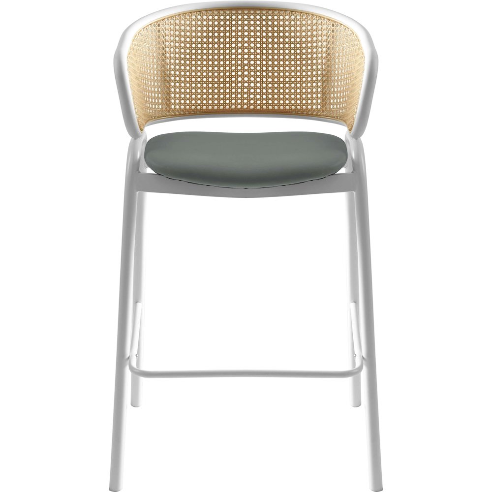 Ervilla Wicker Bar Stool with Fabric Seat and White Steel Frame - Grey leather