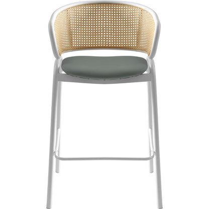 Ervilla Wicker Bar Stool with Fabric Seat and White Steel Frame - Grey leather