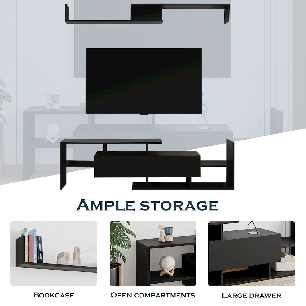 Surrey Modern TV Stand with MDF Shelves and Bookcase in Ebony